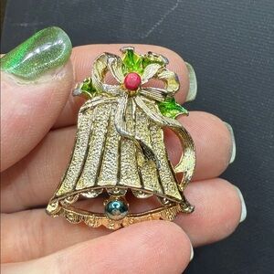 Festive Gold Bell Brooch with Green and Red Accents signed Gerry’s